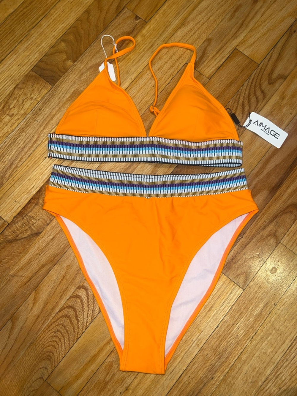 AIMAGE Bright Orange Two-Piece Bikini with Beaded Stripes